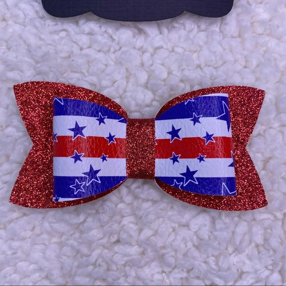 4th of July Faux Leather Glitter Small Bow